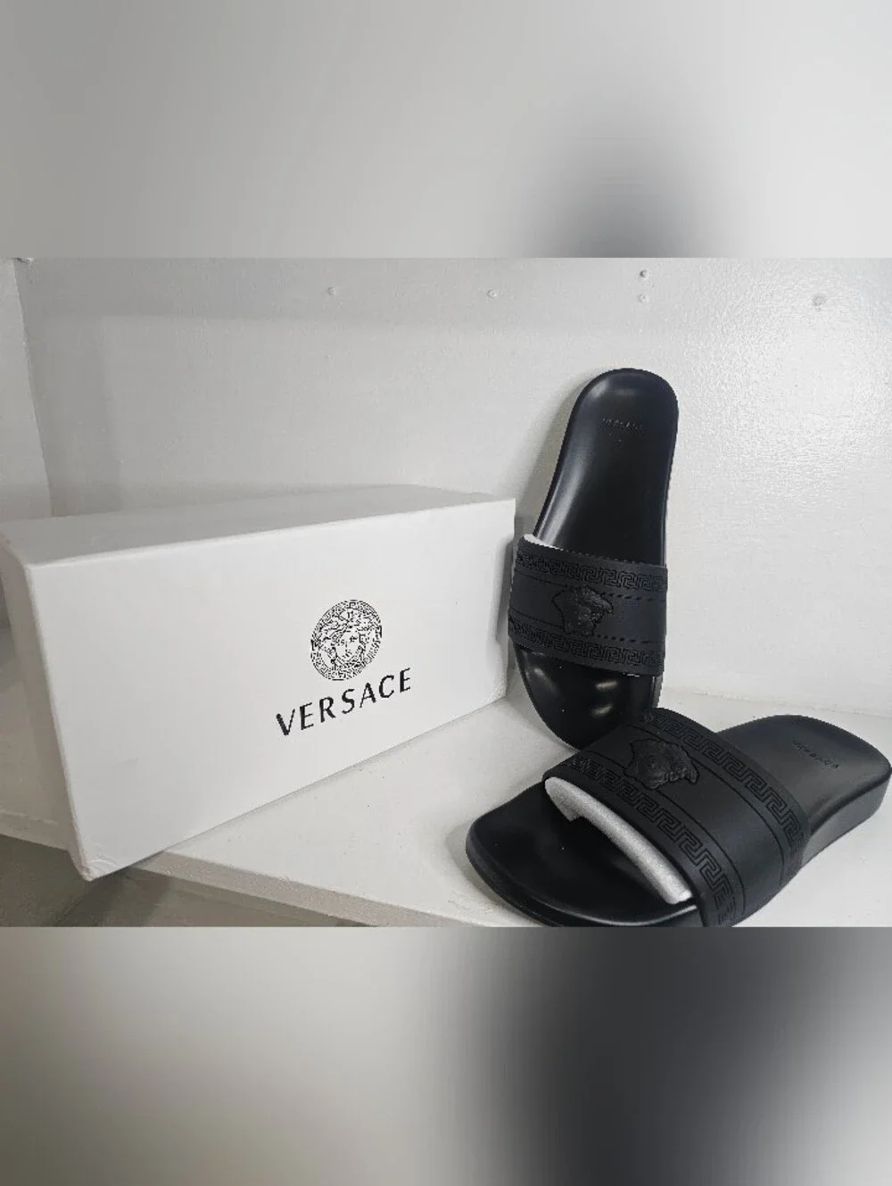Versace Men’s Black Embossed Logo Slide Sandals